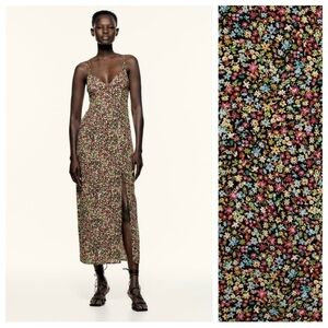 ZARA Ditsy Floral Strappy Midi Crossback Slit V-Neck Midi Dress Multi Women XS